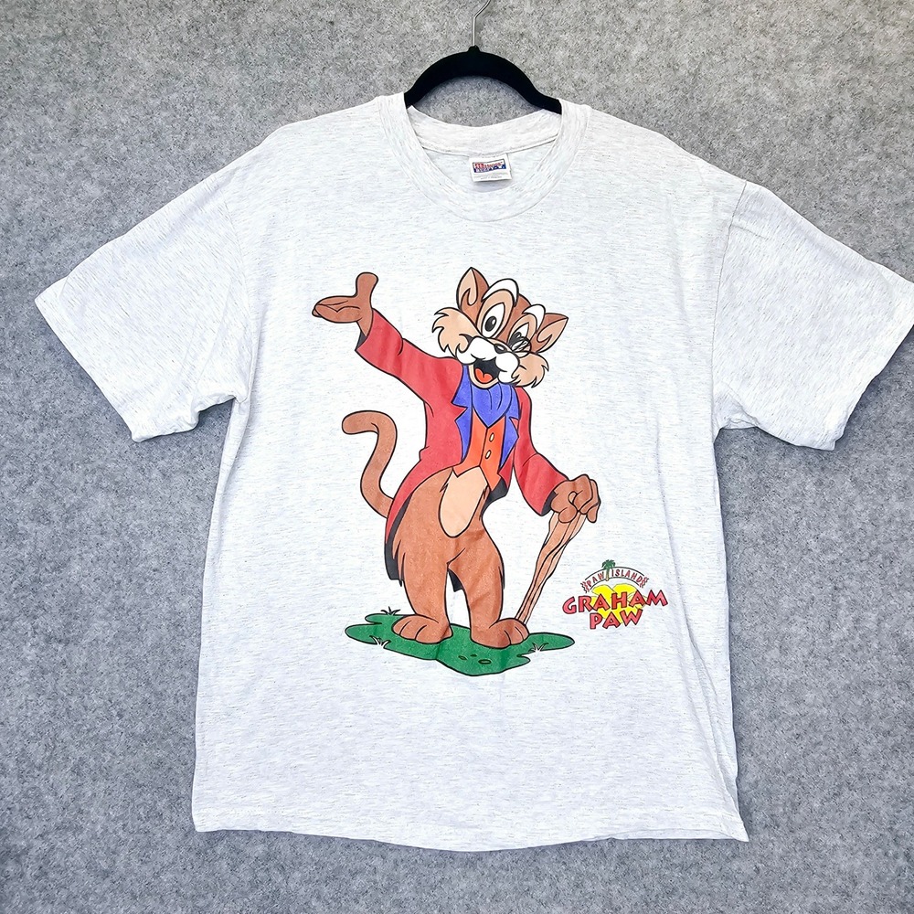 Vintage 90s T Shirt Mens L Gray Heather Tee Graham Paw Cartoon Heavy HANES BEEFY